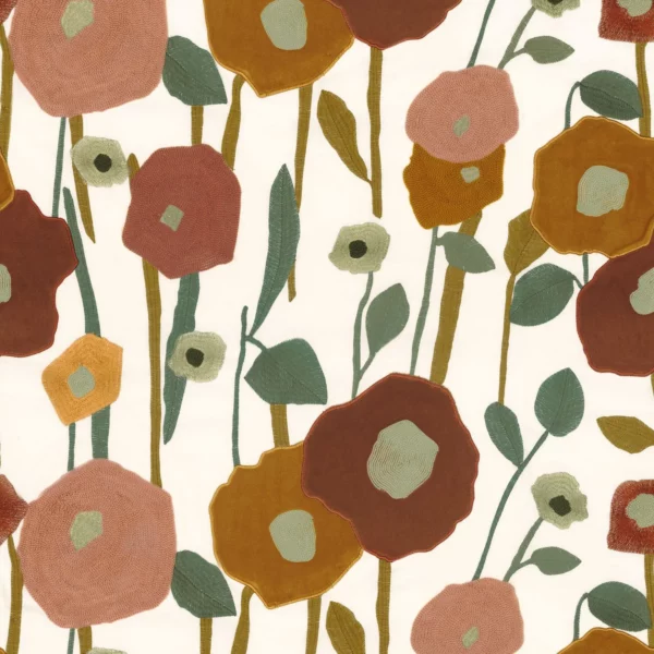 Manali Fabric - Ocre Terracotta by multicolour botanical embroideried fabric from Casamance