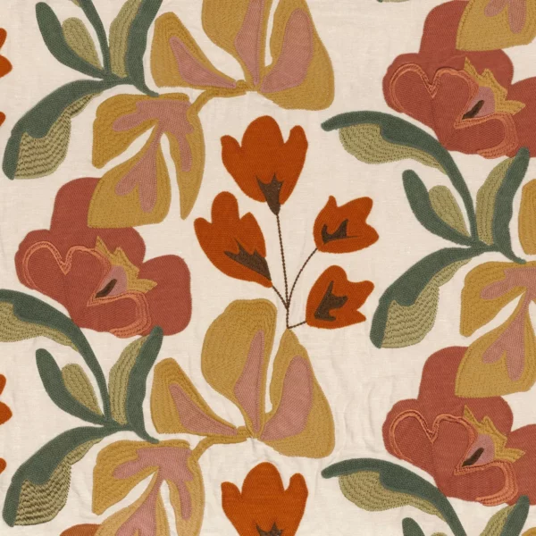 Ayana Fabric - Kaki Terracotta by multicolour botanical embroideried fabric from Casamance