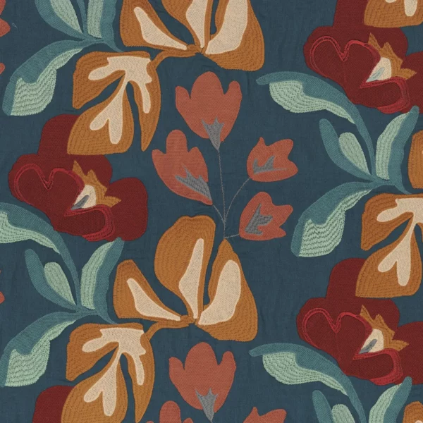 Ayana Fabric - Celadon Grenat by blue botanical embroideried fabric from Casamance