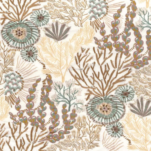 Moana Fabric - Céladon Vanille by neutral botanical embroideried fabric from Casamance