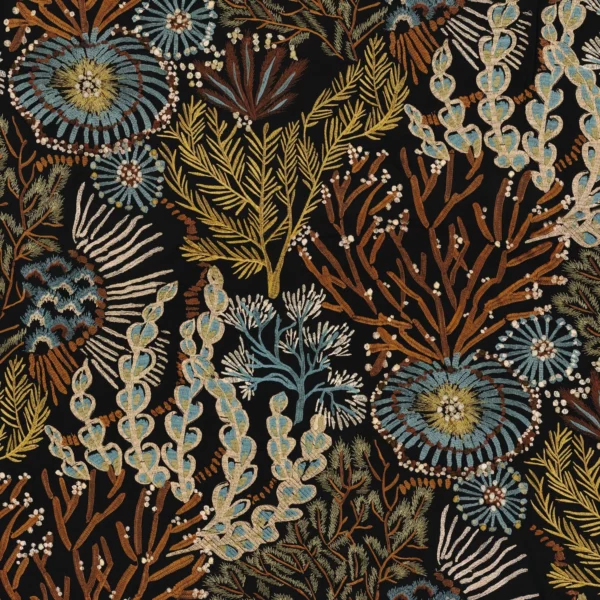 Moana Fabric - Bleu Baltique Kaki by multicolour botanical embroideried fabric from Casamance