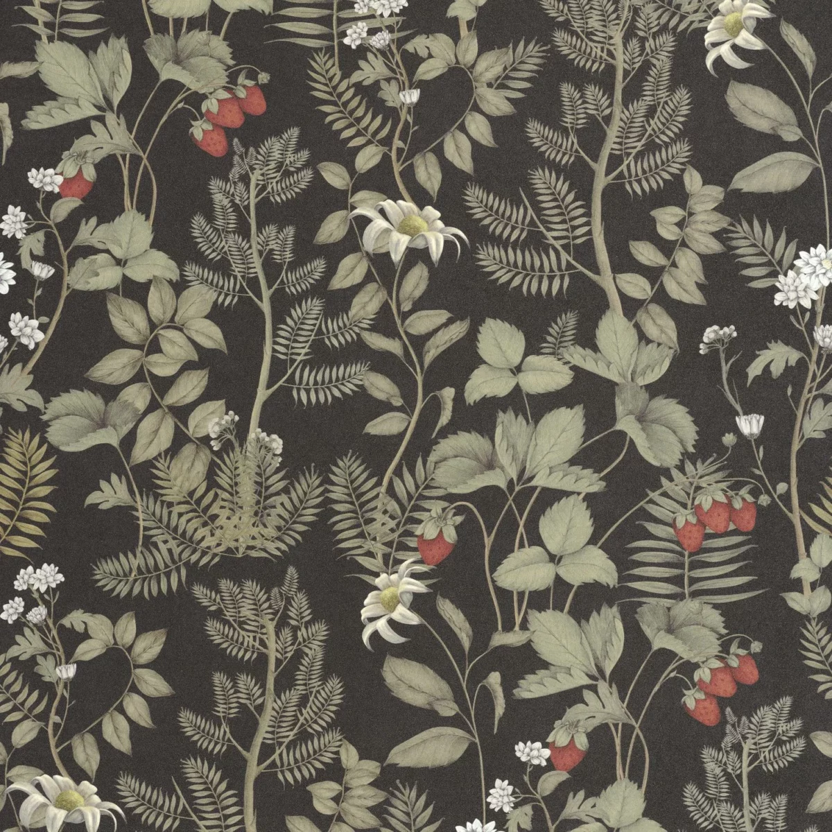 Strawberry Field Wallpaper - Noir Fusain by brown botanical wallpaper from casadeco