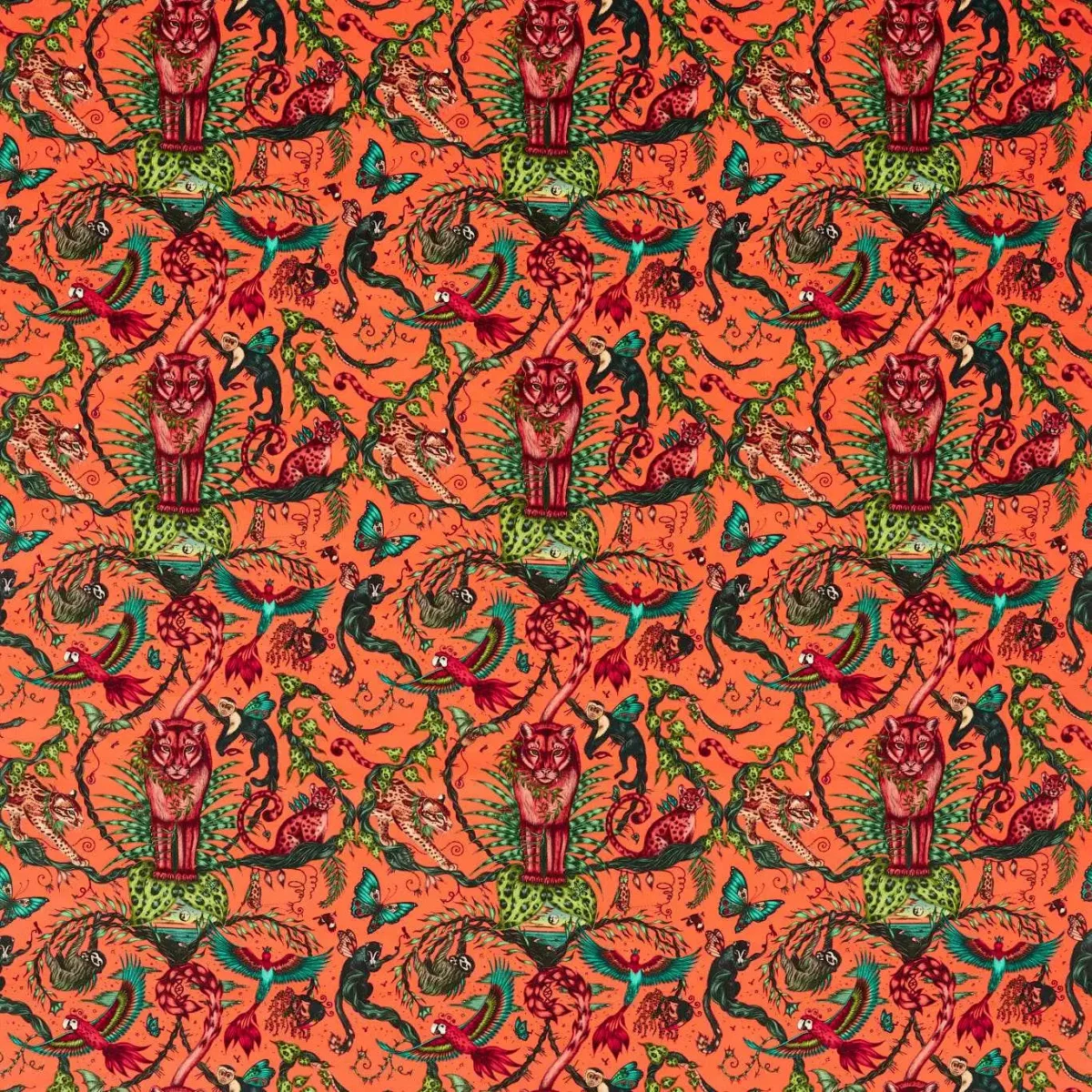 Bosque Dreams Velvet Fabric - Coral by orange animal velvet-chenille fabric from Emma Shipley