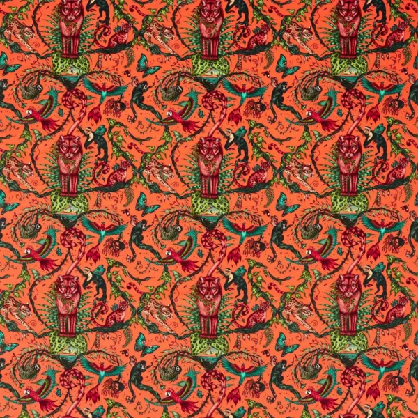 Bosque Dreams Velvet Fabric - Coral by orange animal velvet-chenille fabric from Emma Shipley