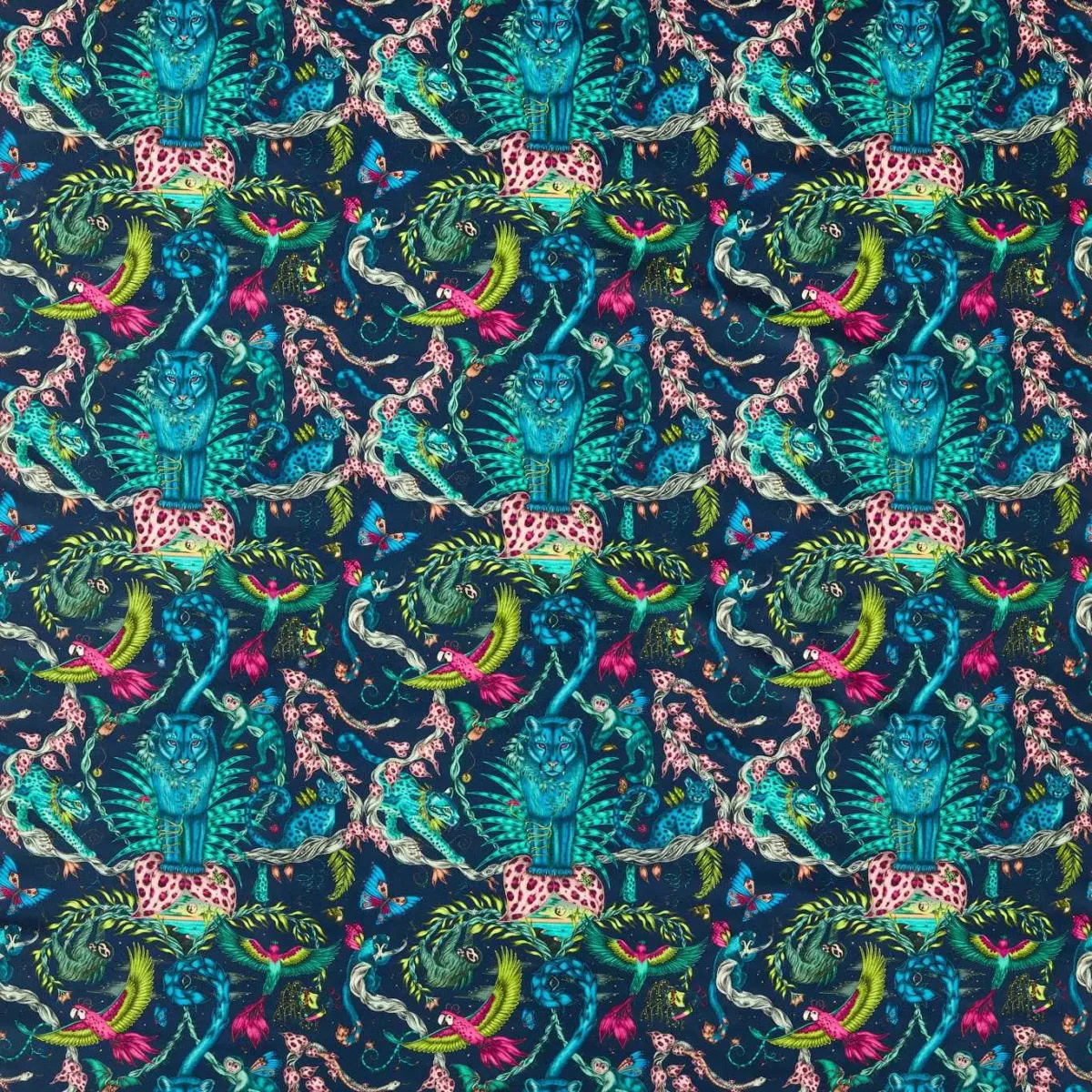 Bosque Dreams Velvet Fabric - Navy by blue animal velvet-chenille fabric from Emma Shipley