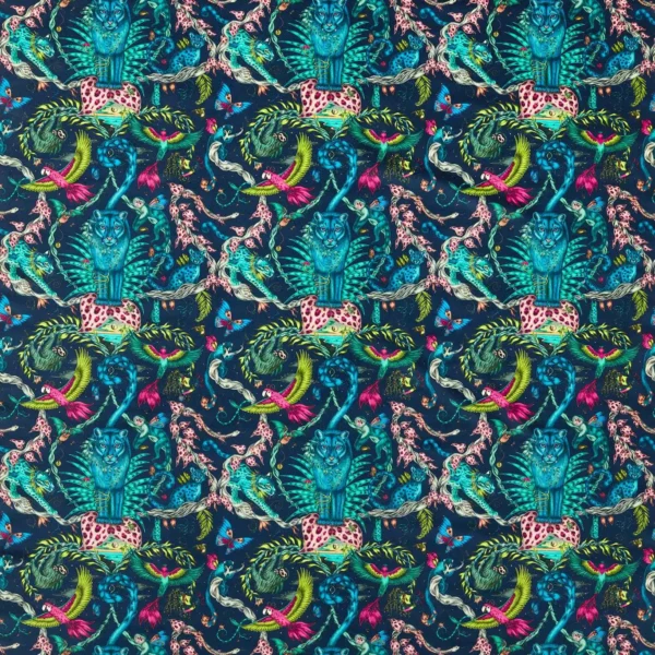 Bosque Dreams Velvet Fabric - Navy by blue animal velvet-chenille fabric from Emma Shipley