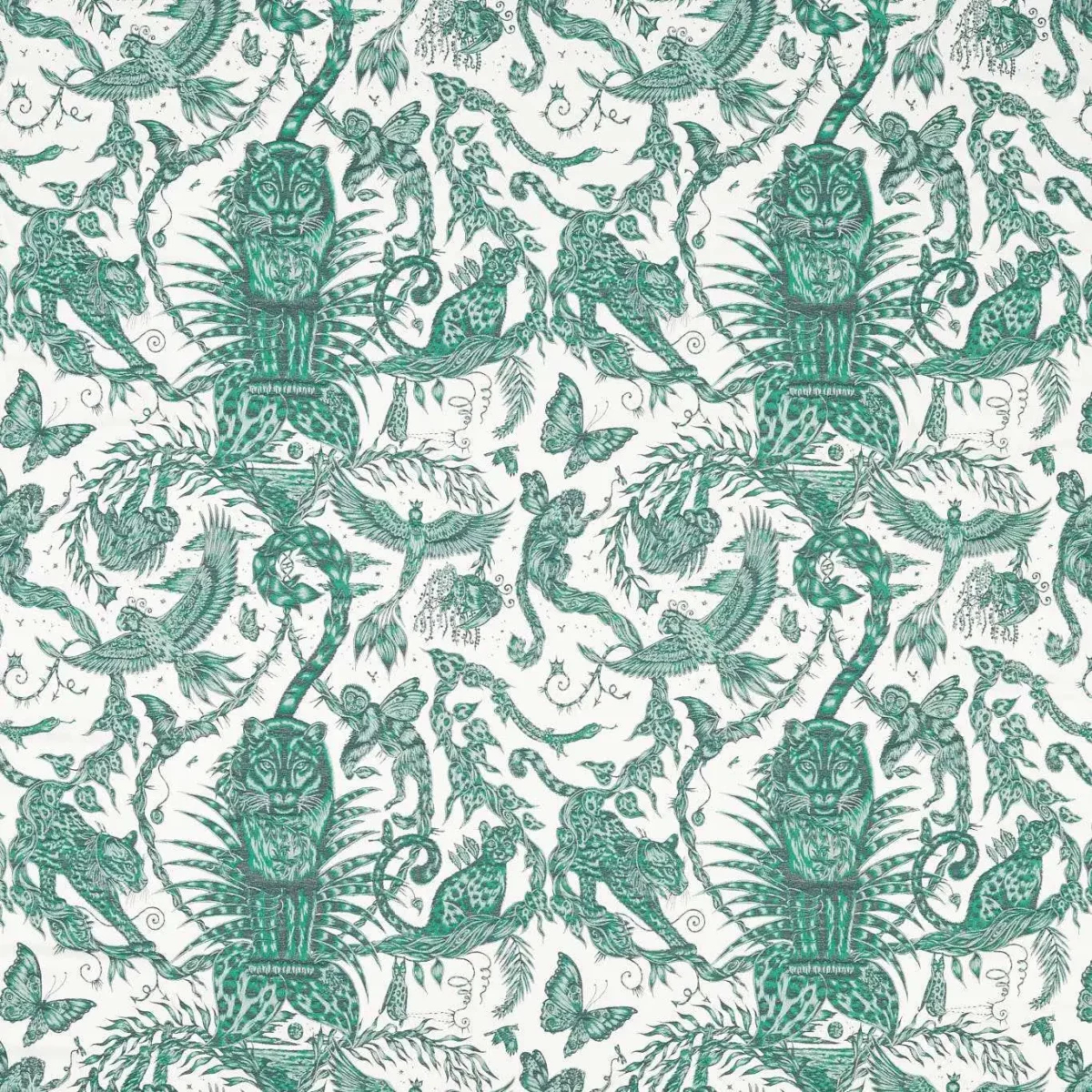 Bosque Dreams Jacquard Fabric - Seafoam by green animal jacquard fabric from Emma Shipley
