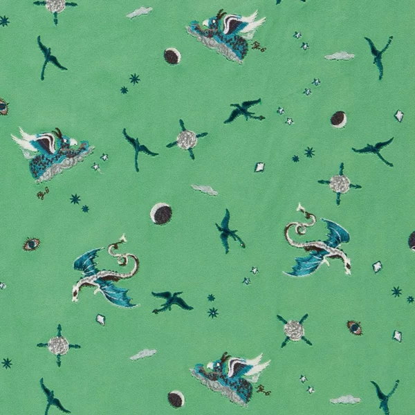 Draco Cosmos Embroidery Fabric - Green by green animal embroideried fabric from Emma Shipley