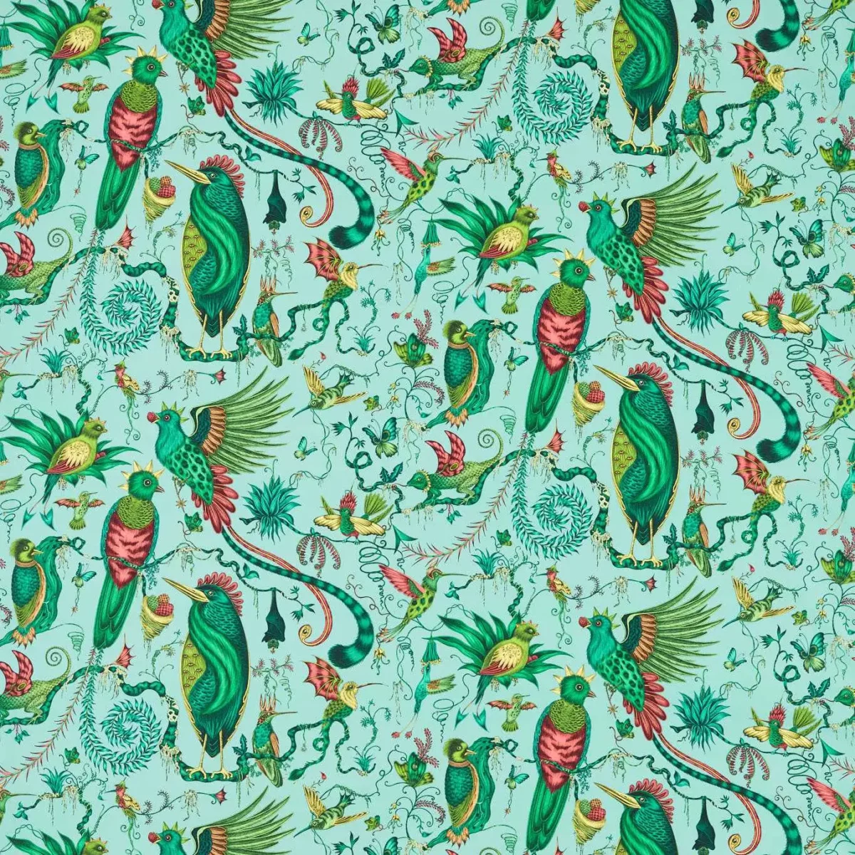 Quetzal Fabric - Aqua by green animal cotton fabric from Emma Shipley