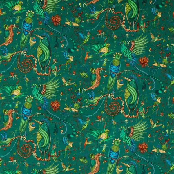 Quetzal Velvet Fabric - Teal by green animal velvet-chenille fabric from Emma Shipley