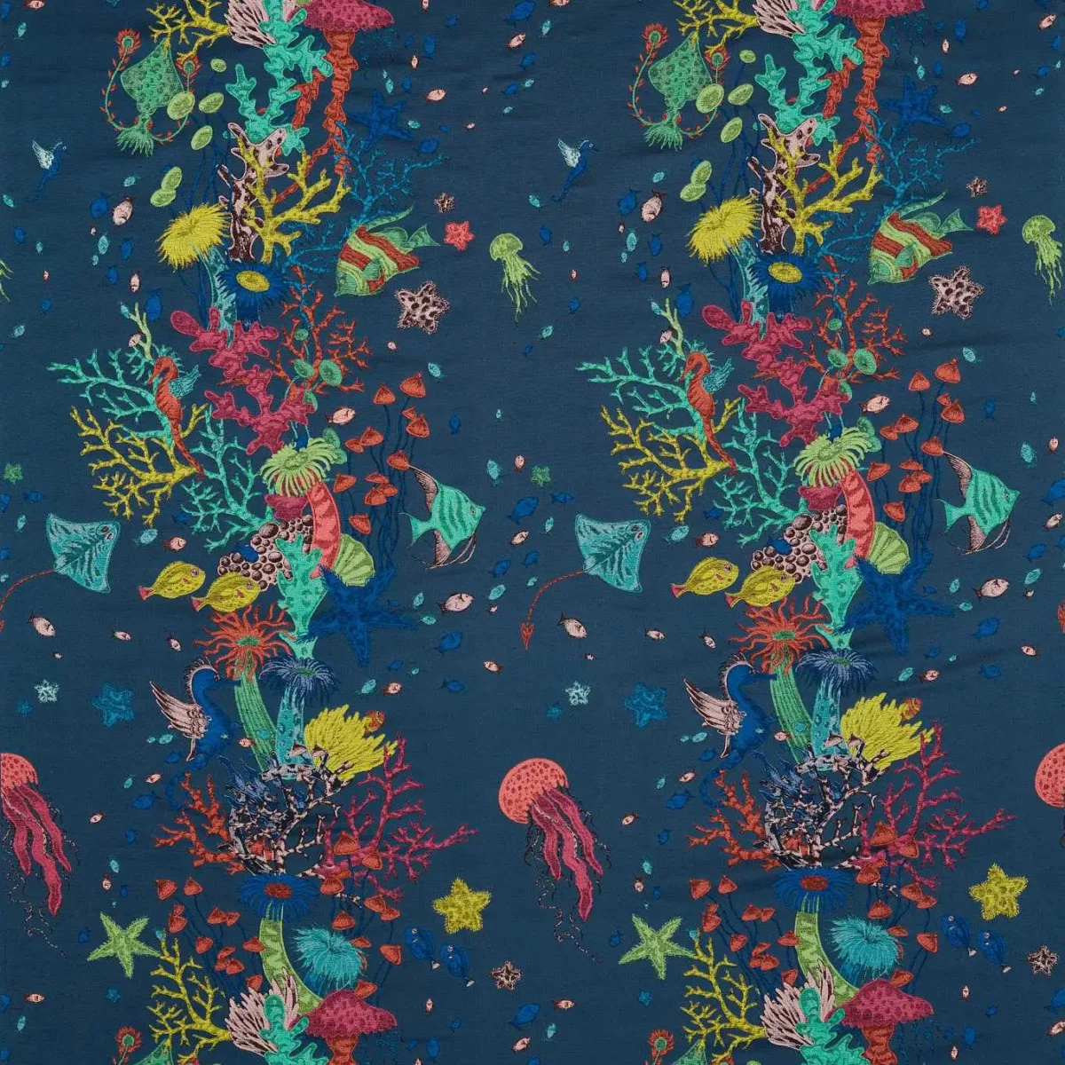 Seaforest Jacquard Fabric - Navy by blue animal embroideried fabric from Emma Shipley