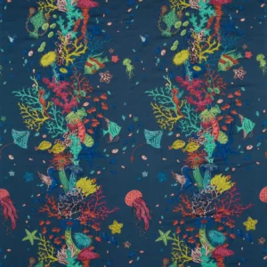 blue animal embroideried fabric from Emma Shipley