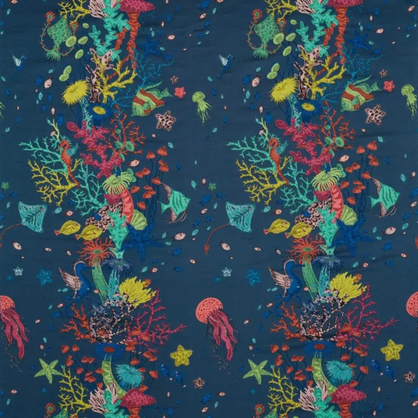 Seaforest Jacquard Fabric - Navy by blue animal embroideried fabric from Emma Shipley
