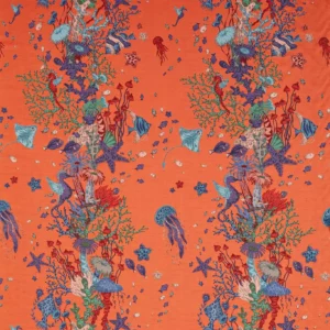 orange animal embroideried fabric from Emma Shipley