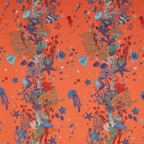 Seaforest Jacquard Fabric - Peach by orange animal embroideried fabric from Emma Shipley