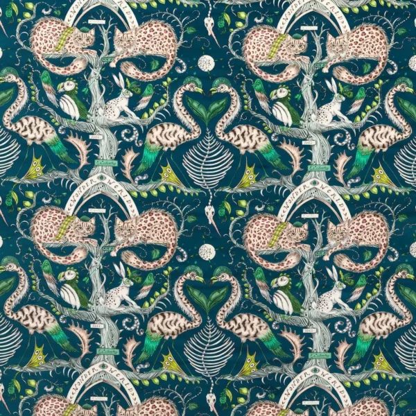 Wonder World Velvet Fabric - Teal by green animal velvet-chenille fabric from Emma Shipley