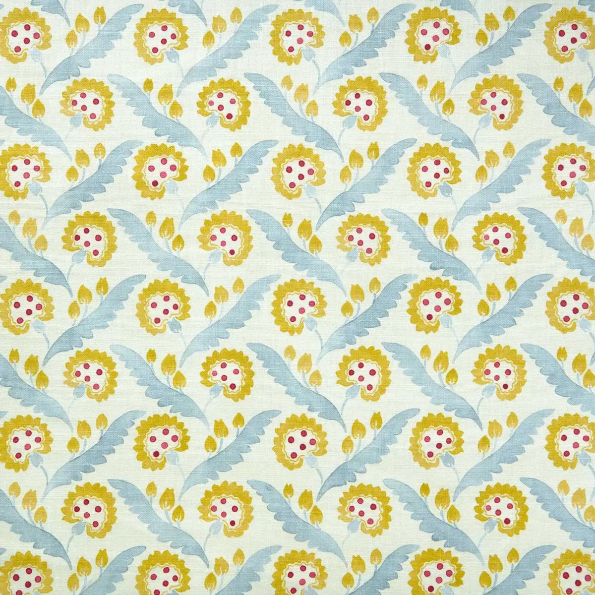 Polly Fabric - Rhubarb & Custard by blue botanical linen fabric from Linwood Fabrics