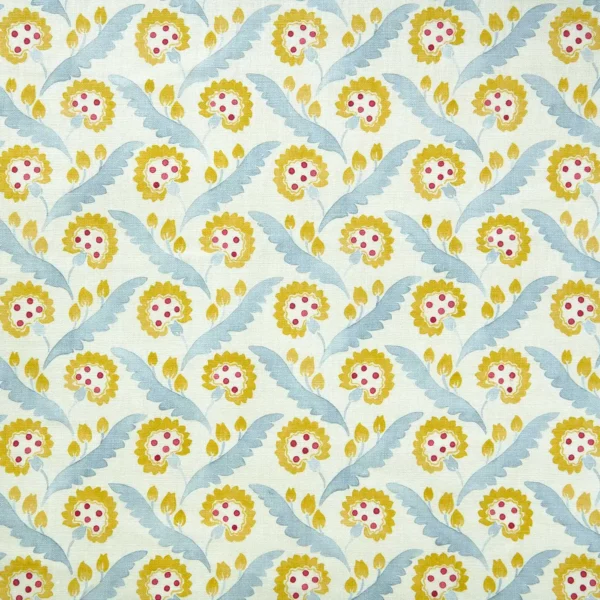 Polly Fabric - Rhubarb & Custard by blue botanical linen fabric from Linwood Fabrics