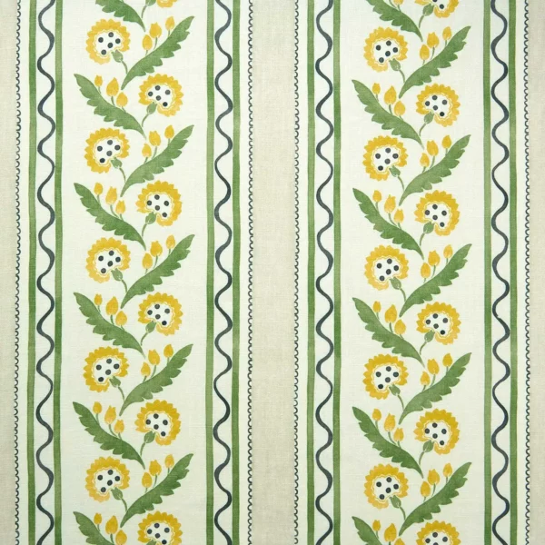 Polly Stripe Fabric - Dandelion by green botanical linen fabric from Linwood Fabrics