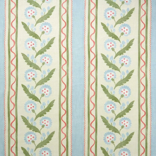 Polly Stripe Fabric - Cameo Blue by blue botanical linen fabric from Linwood Fabrics