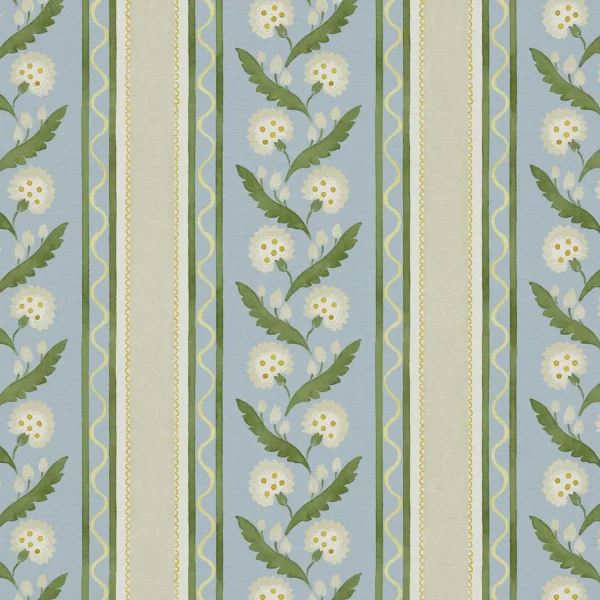 Polly Stripe Fabric - Lakeside by blue botanical linen fabric from Linwood Fabrics