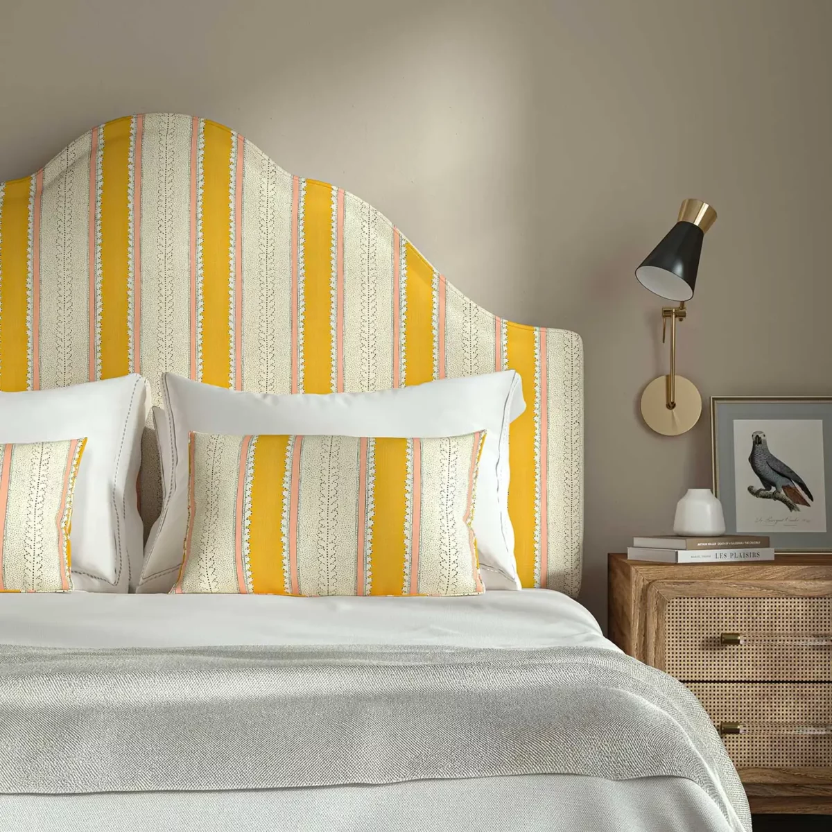 Dimity Fabric - Mango by yellow linen stripe headboard