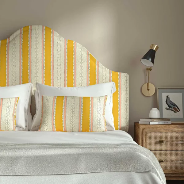 Dimity Fabric - Mango by yellow linen stripe headboard