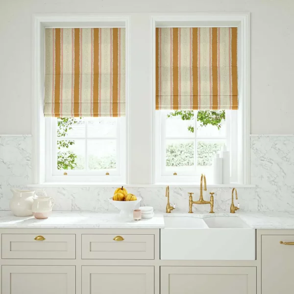 Dimity Fabric - Fudge by yellow linen stripe blinds