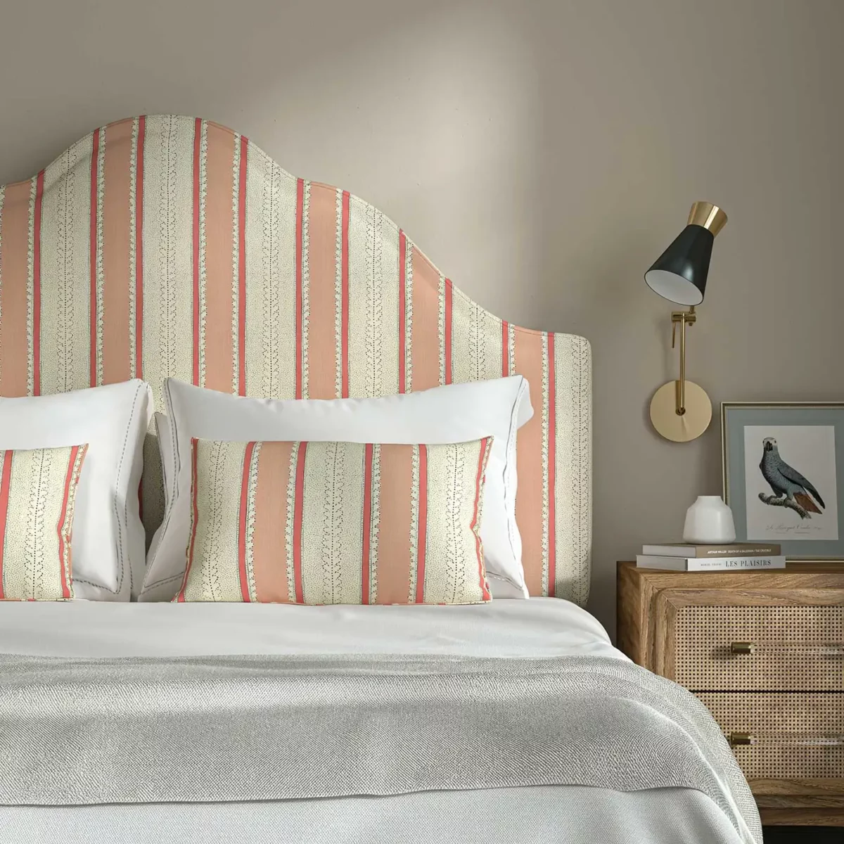 Dimity Fabric - Marshmallow by pink linen stripe headboard