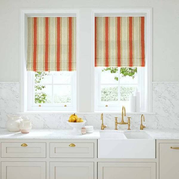 Dimity Fabric - Soft Red by orange linen stripe blinds
