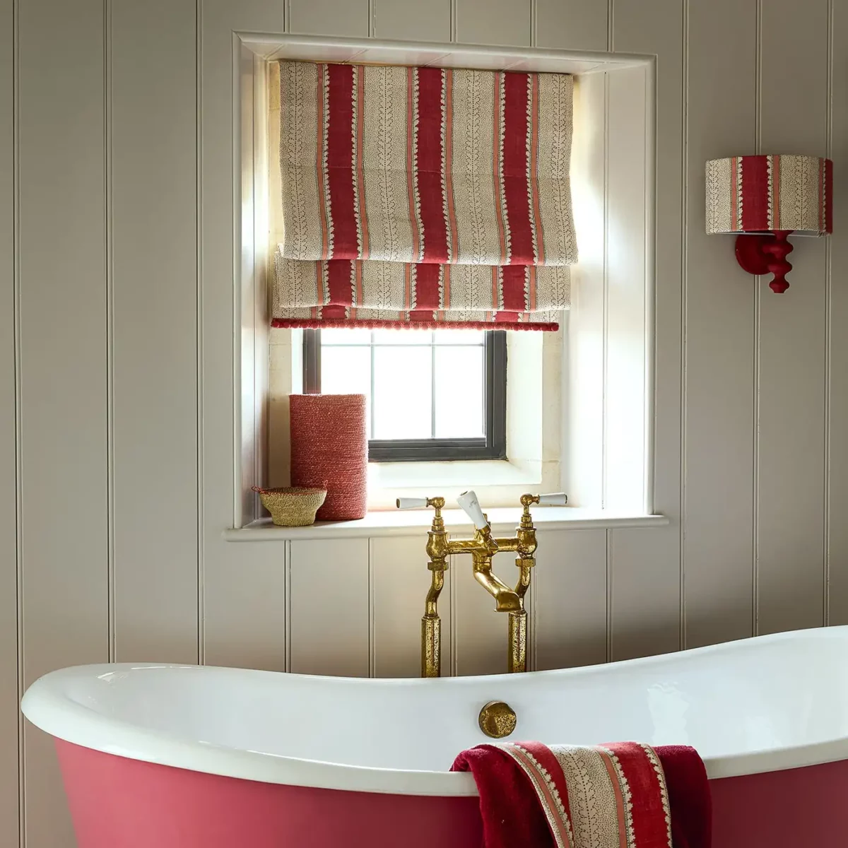 Dimity Fabric - Pomegranate by red linen stripe blind and bath