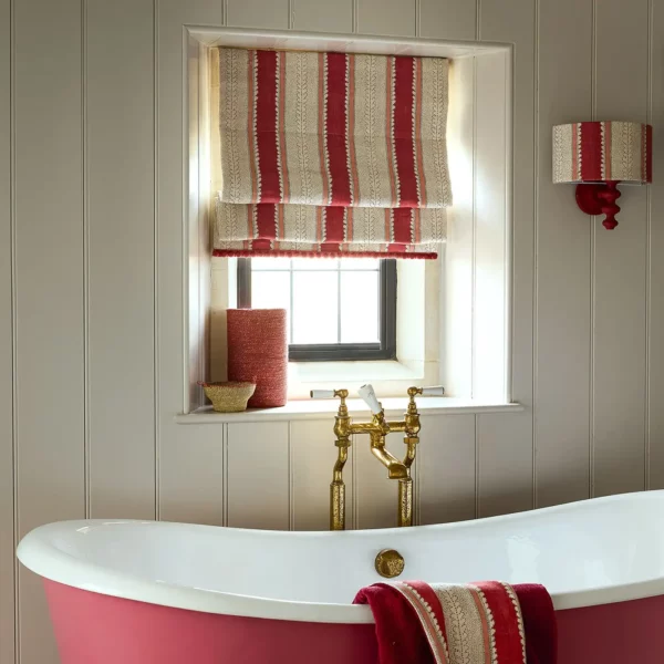 Dimity Fabric - Pomegranate by red linen stripe blind and bath