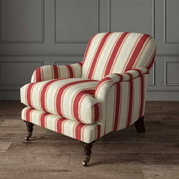 Dimity Fabric - Pomegranate by red linen stripe chair