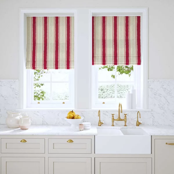 Dimity Fabric - Dragon Fruit by red linen stripe blinds