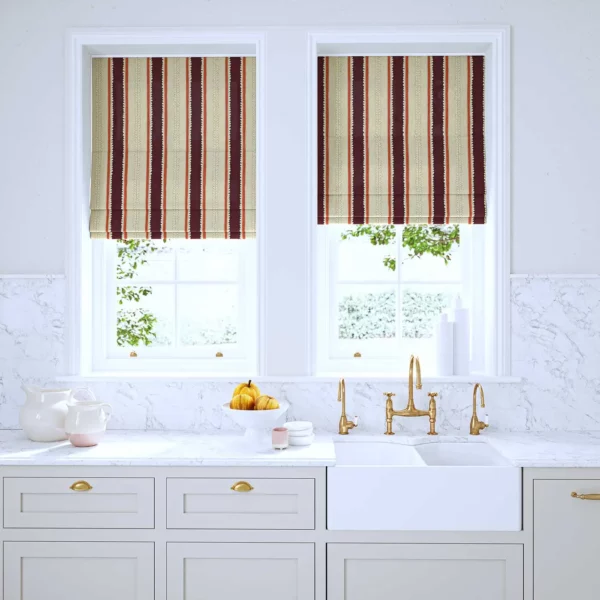 Dimity Fabric - Victoria Plum by purple linen stripe blinds