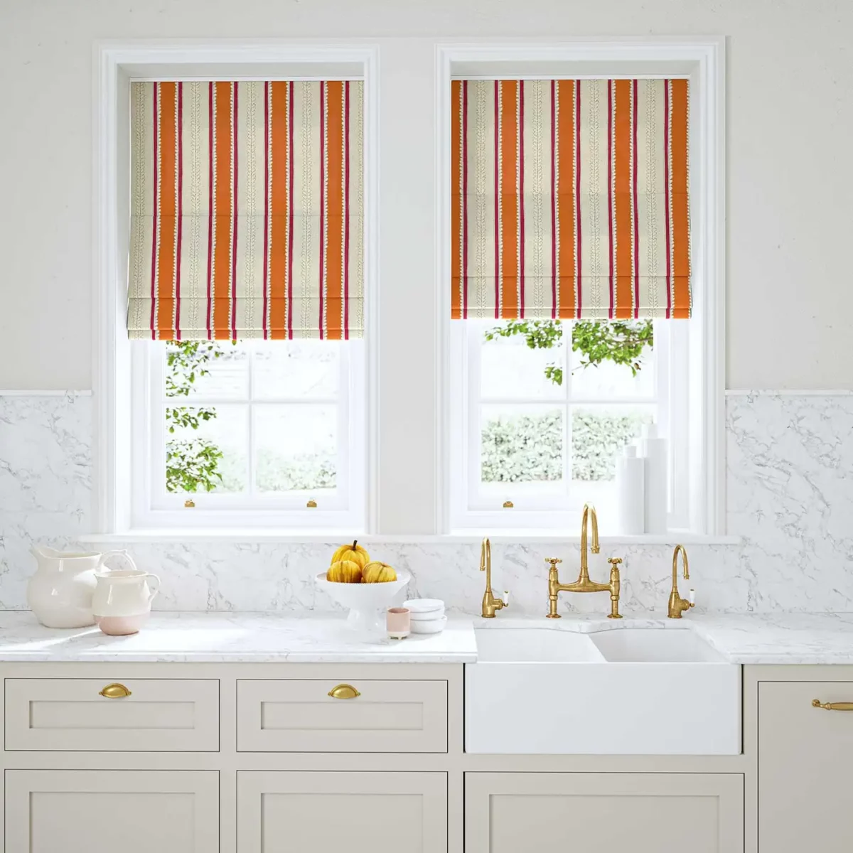 Dimity Fabric - Fruit Salad by orange linen stripe blinds