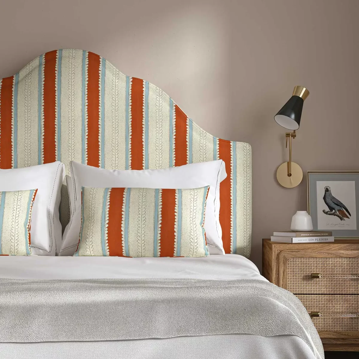 Dimity Fabric - Rust by orange linen stripe headboard
