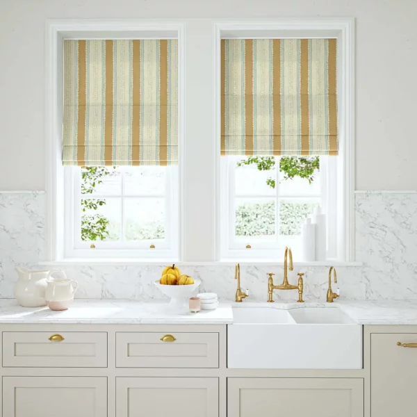 Dimity Fabric - Biscuit by yellow linen stripe blinds
