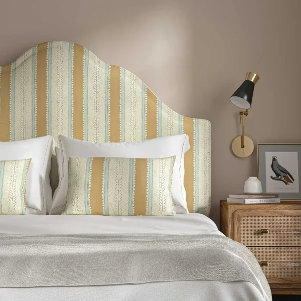 Dimity Fabric - Biscuit by yellow linen stripe headboard
