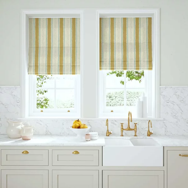 Dimity Fabric - Straw by yellow linen stripe blinds