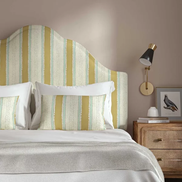 Dimity Fabric - Straw by yellow linen stripe headboard