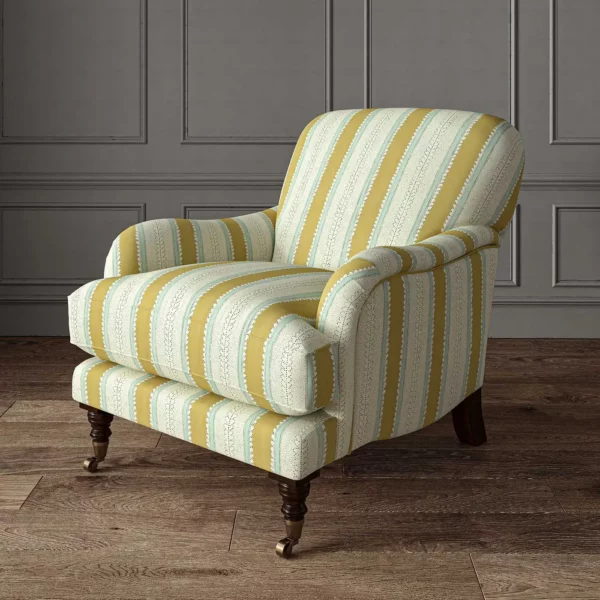 Dimity Fabric - Straw by yellow linen stripe chair