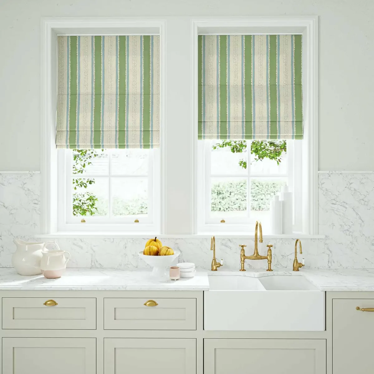 green linen stripe blinds