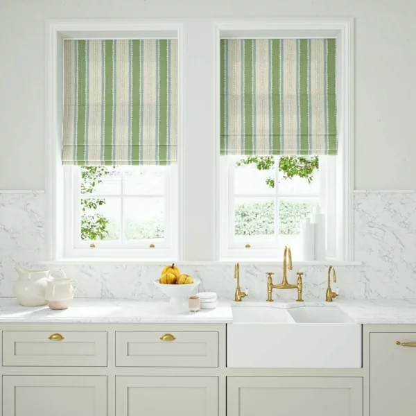 Dimity Fabric - Eucalyptus by green linen stripe blinds