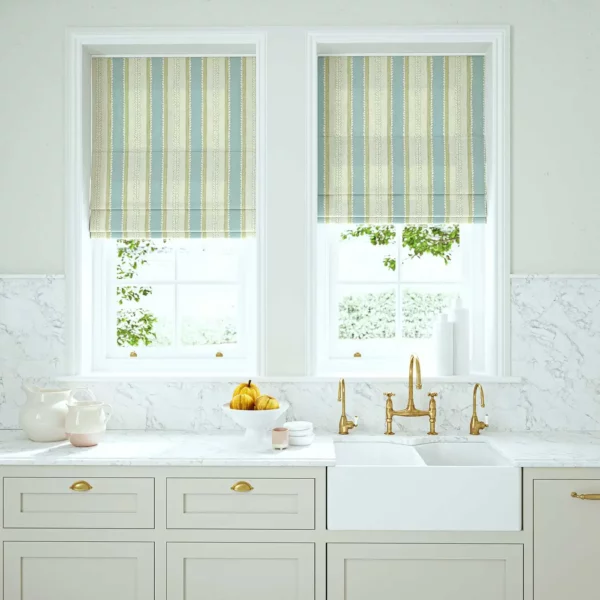 Dimity Fabric - Waterfall by blue linen stripe blinds