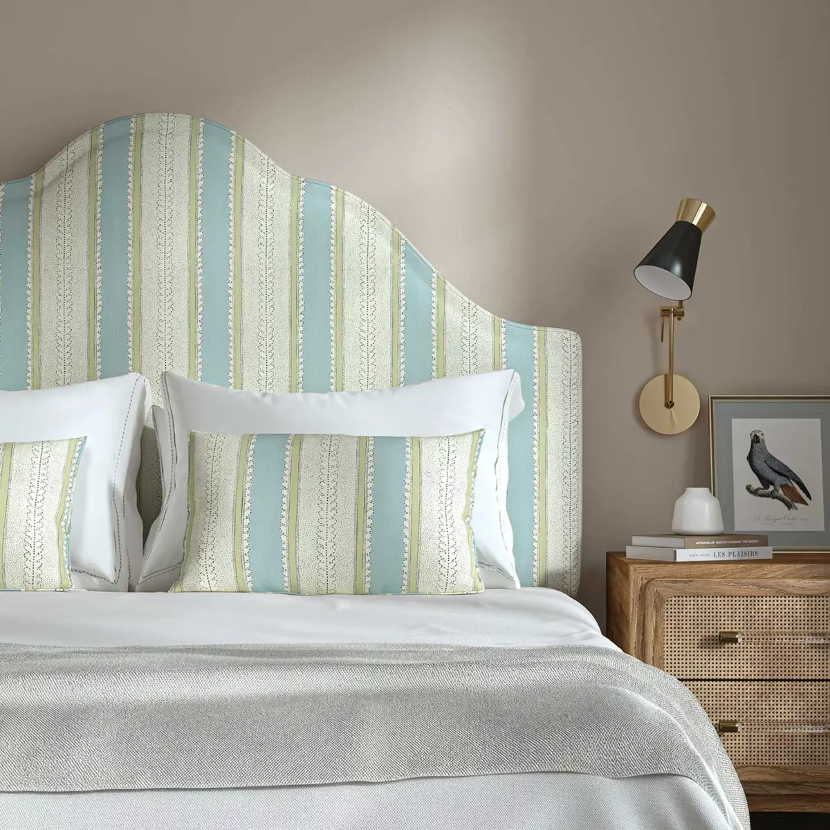 Dimity Fabric - Waterfall by blue linen stripe headboard
