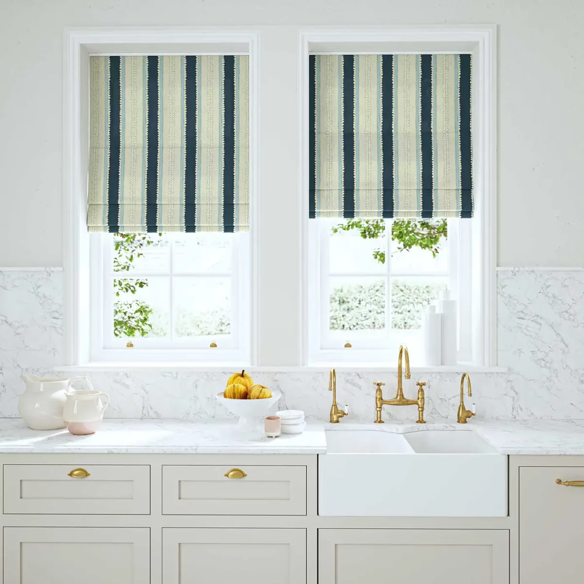 blue linen stripe blinds