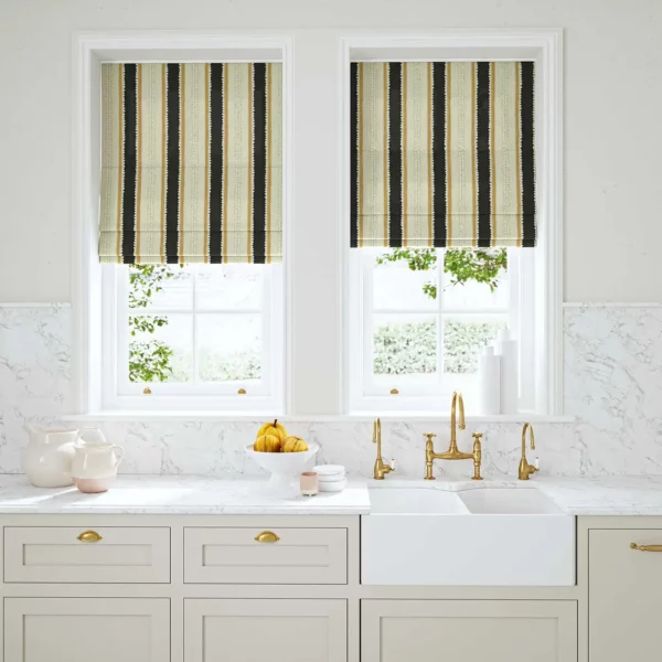 Dimity Fabric - Charcoal by black linen stripe blinds