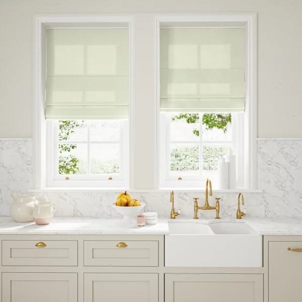 Marietta Fabric - Ghost by light grey plain linen blinds