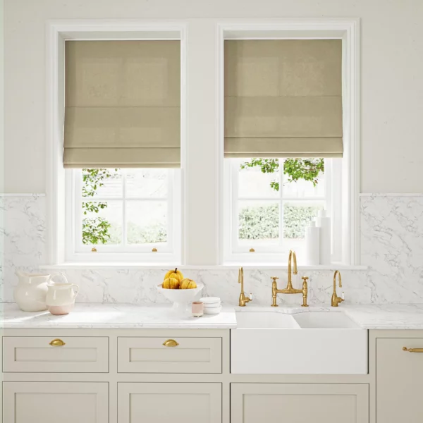 Marietta Fabric - Mushroom by neutral plain linen blinds